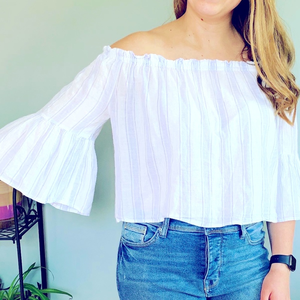 Open shoulder bell sleeve striped blouse shirt!